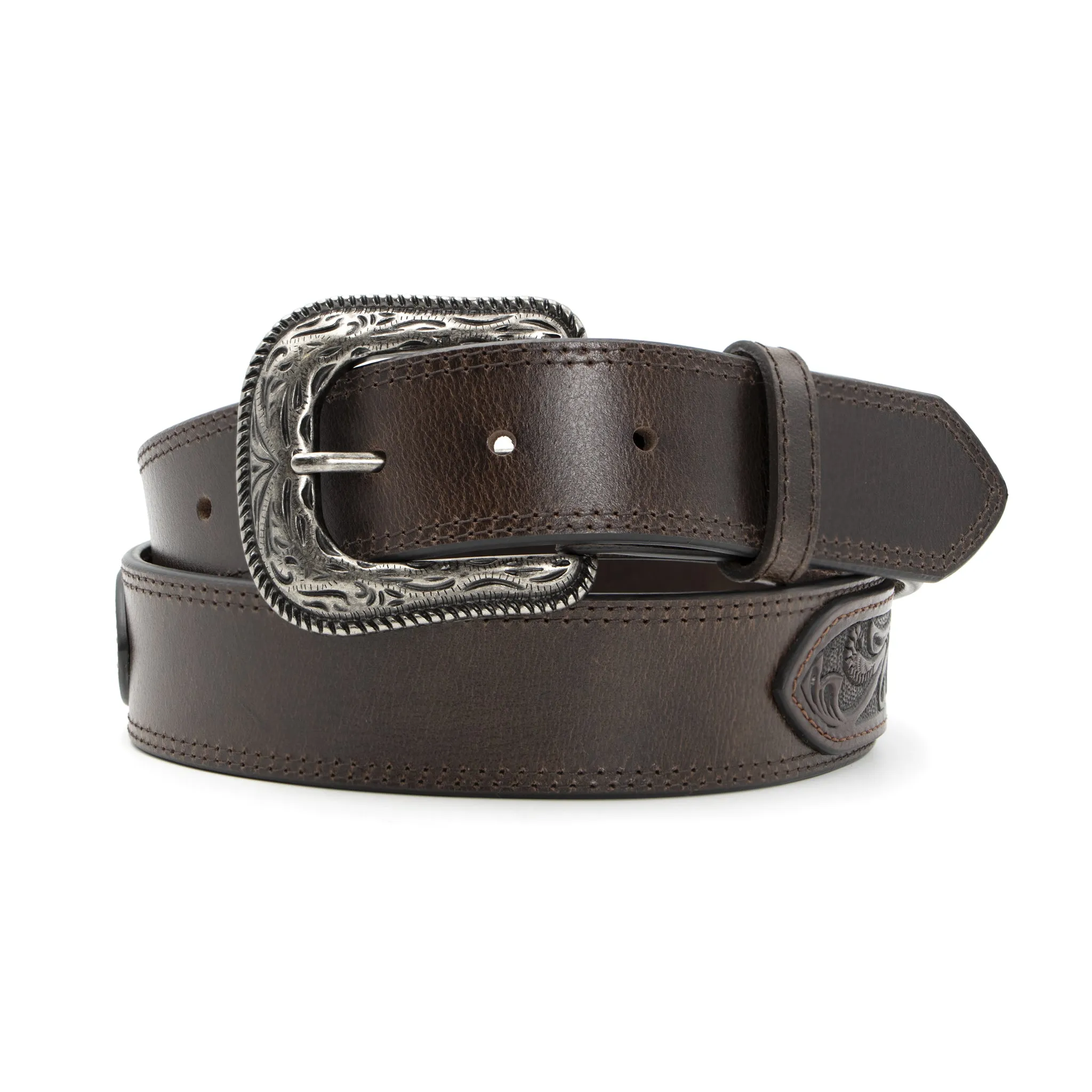 1 1/2" Tooled and Metal Concho Overlay Belt