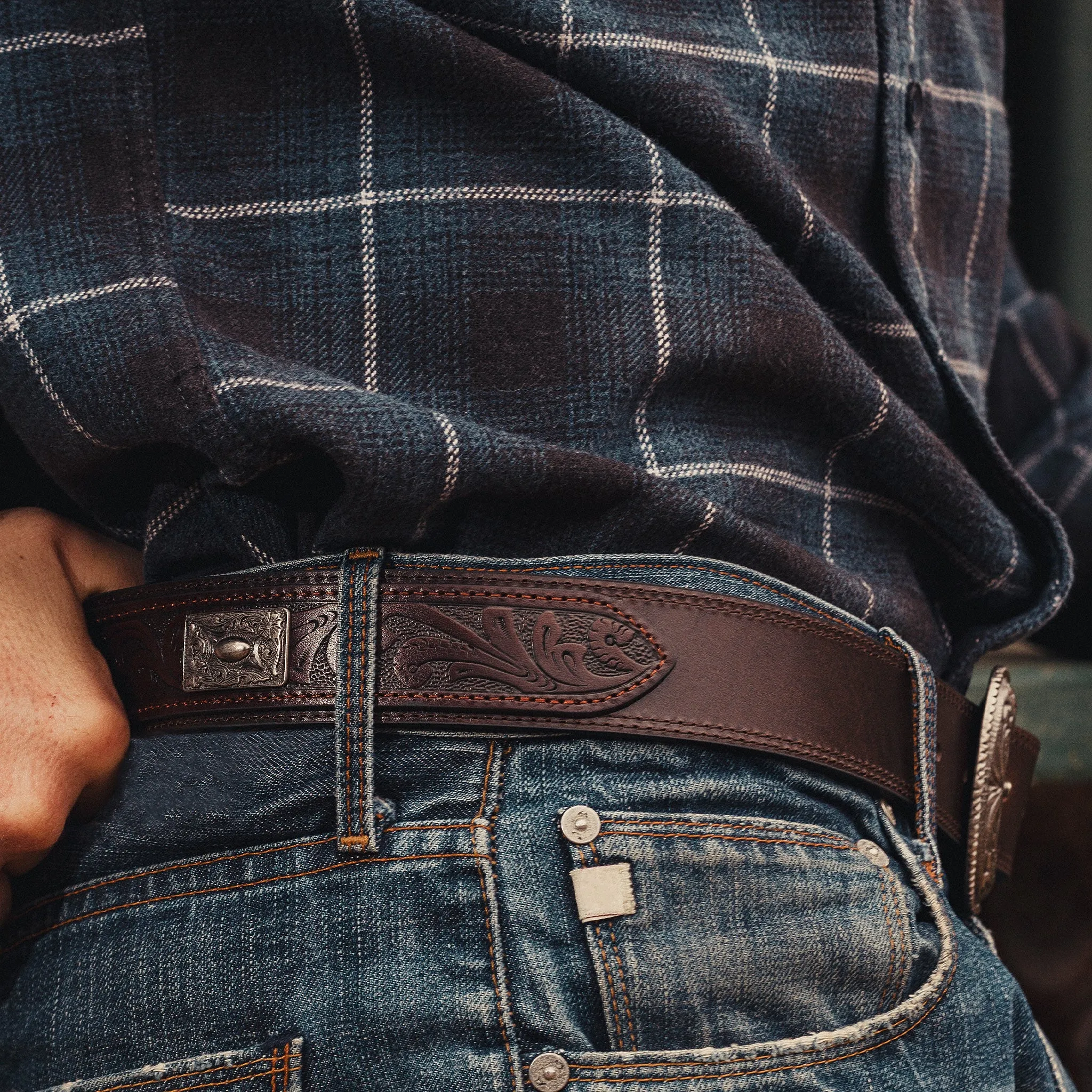 1 1/2" Tooled and Metal Concho Overlay Belt