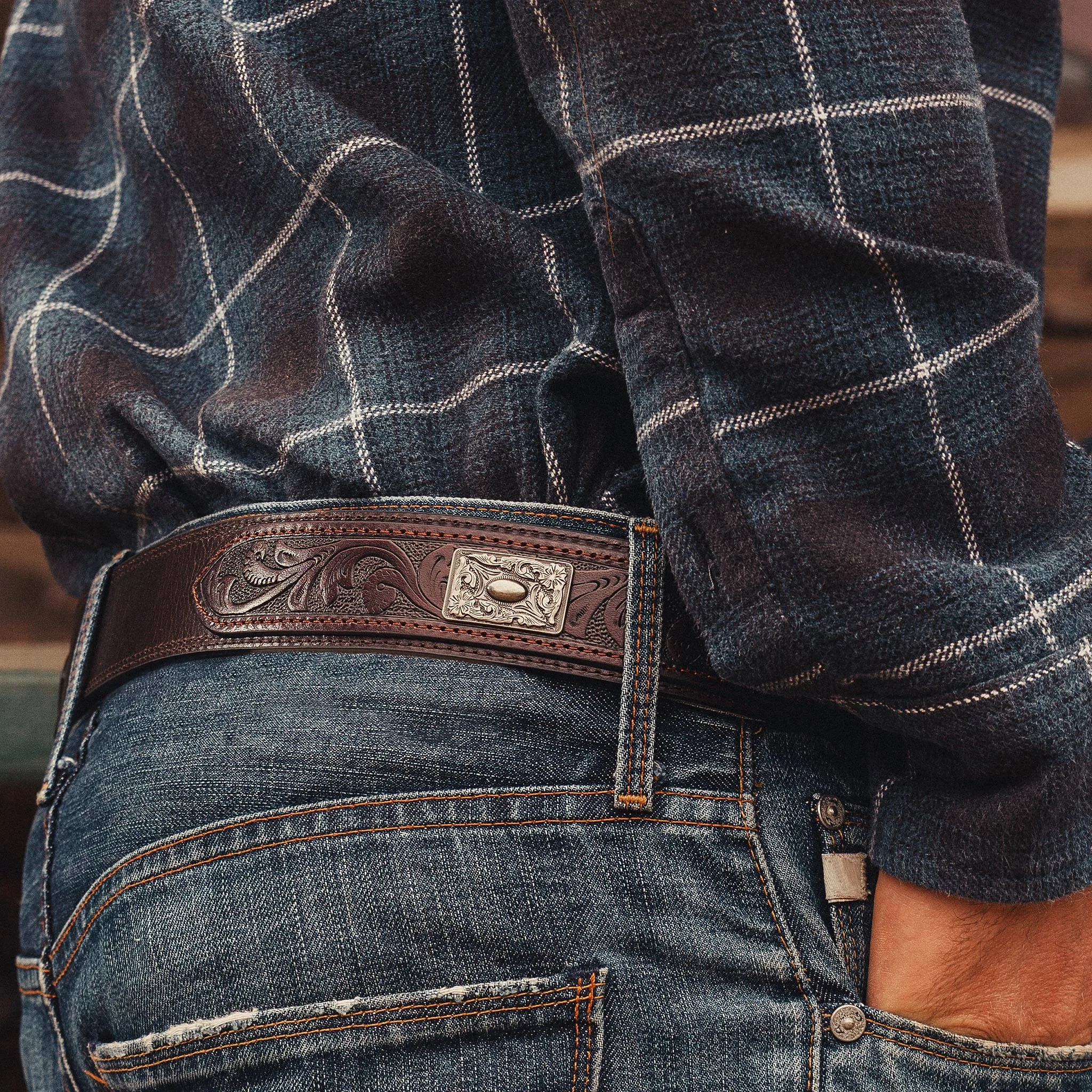 1 1/2" Tooled and Metal Concho Overlay Belt