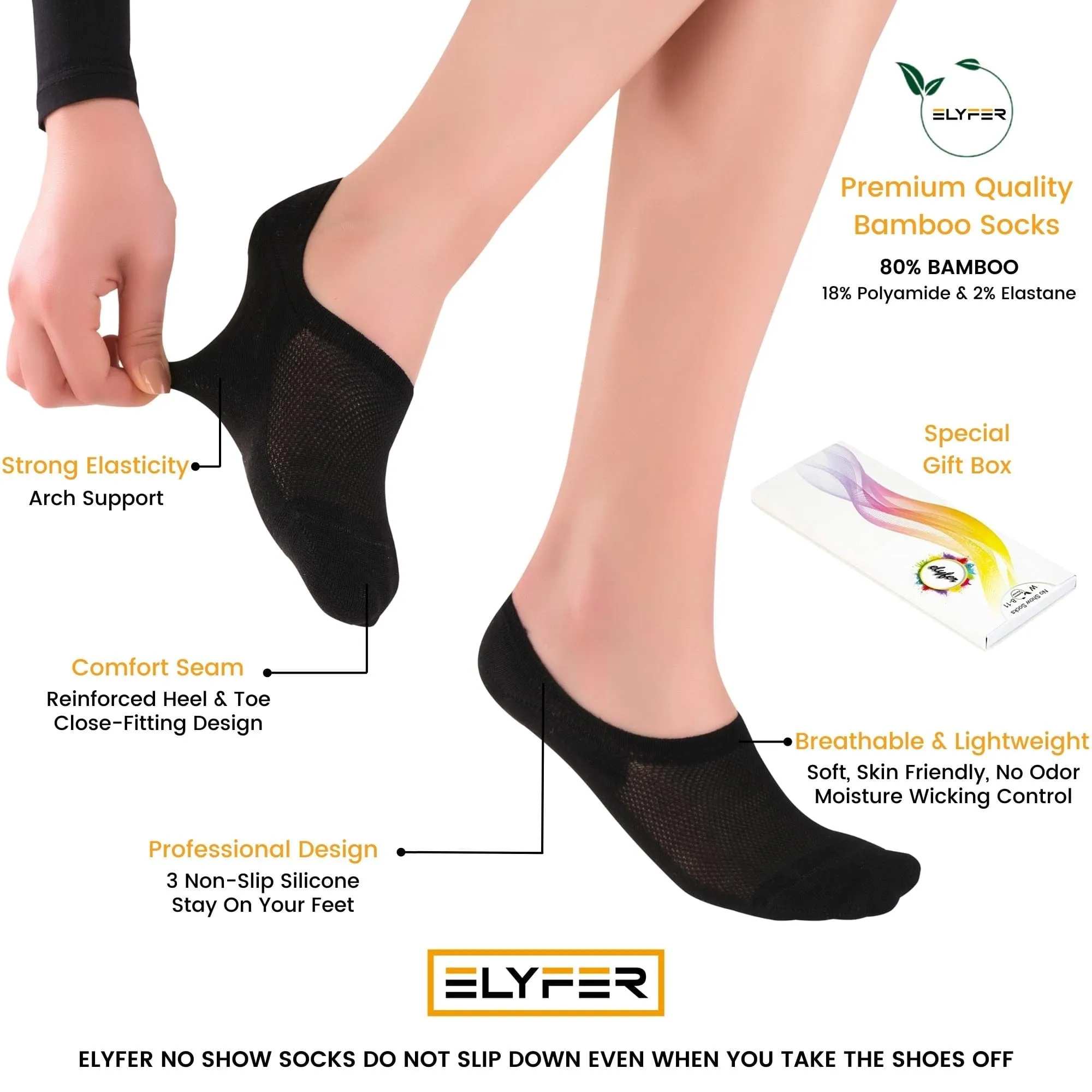 2 Pairs Women's No Show Bamboo Socks