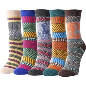 5 Pairs Wool Socks for Women, Warm Socks Cabin Socks Nordic Socks, Vintage Socks, Thick Knit Cozy Winter Socks Gifts for Women