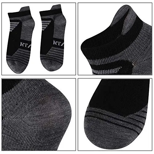 90% Merino Wool Socks Men and Women, RTZAT No Show Low Cut 3 Pairs Cushioned Athletic Moisture Wicking Running Ankle Sock,Black&Dark Gray, Medium