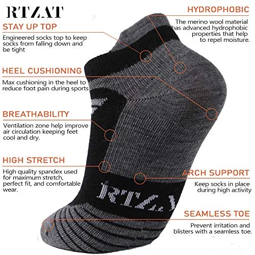 90% Merino Wool Socks Men and Women, RTZAT No Show Low Cut 3 Pairs Cushioned Athletic Moisture Wicking Running Ankle Sock,Black&Dark Gray, Medium