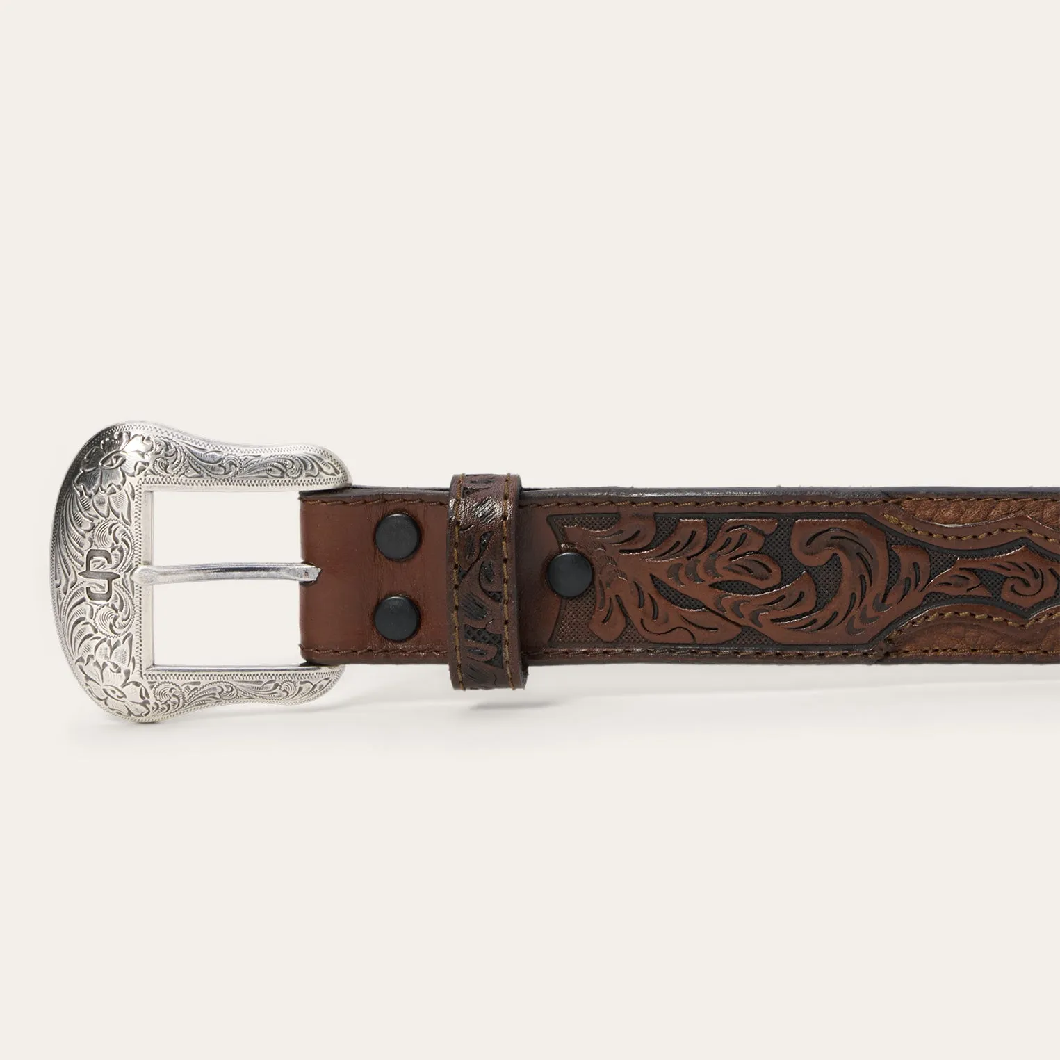 Bison Leather Tooled Tab Belt