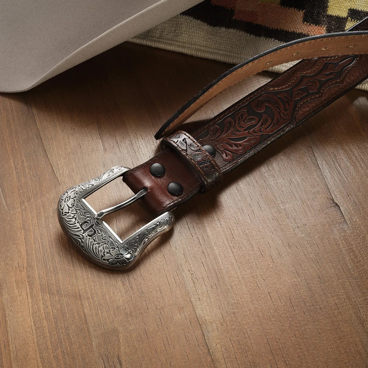 Bison Leather Tooled Tab Belt