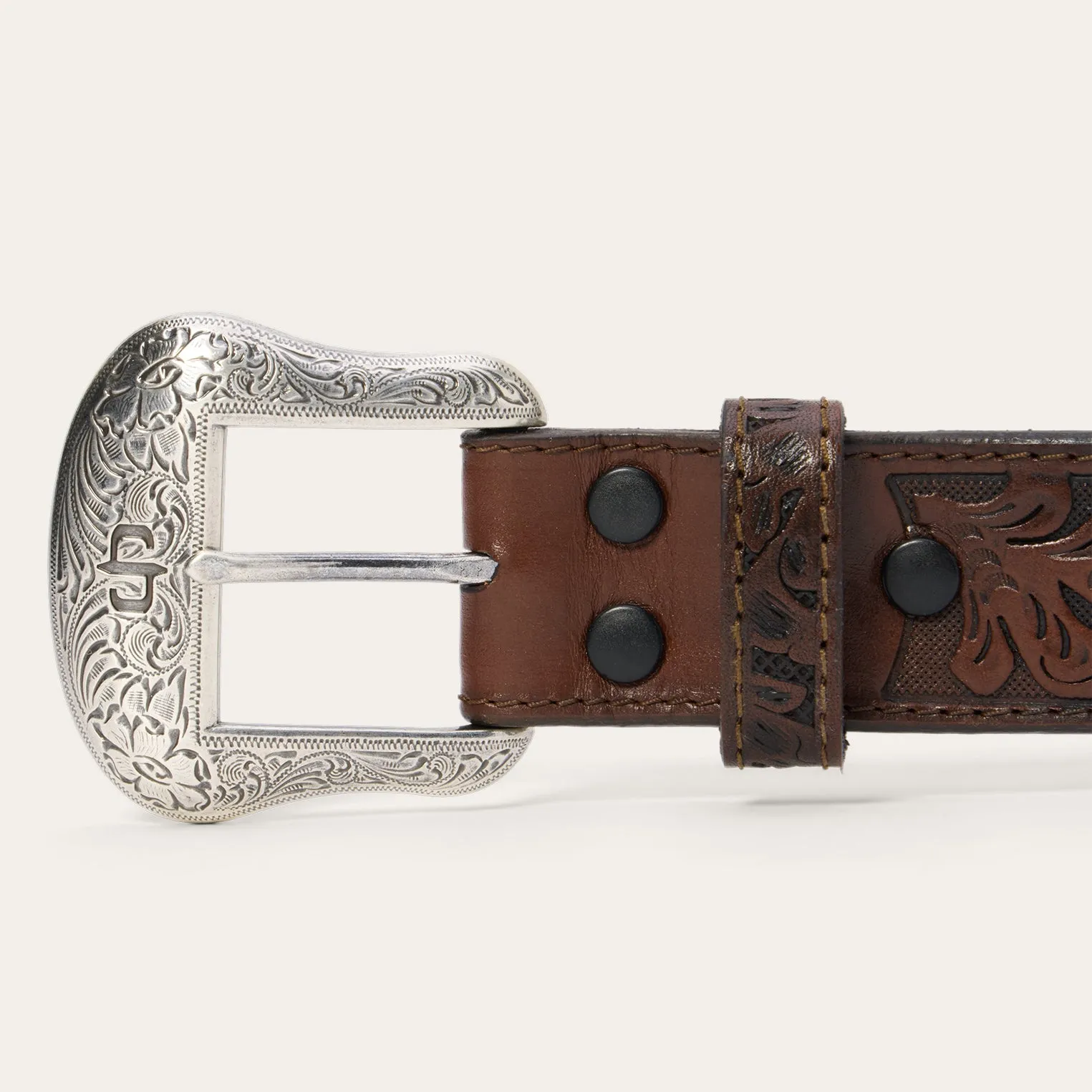 Bison Leather Tooled Tab Belt