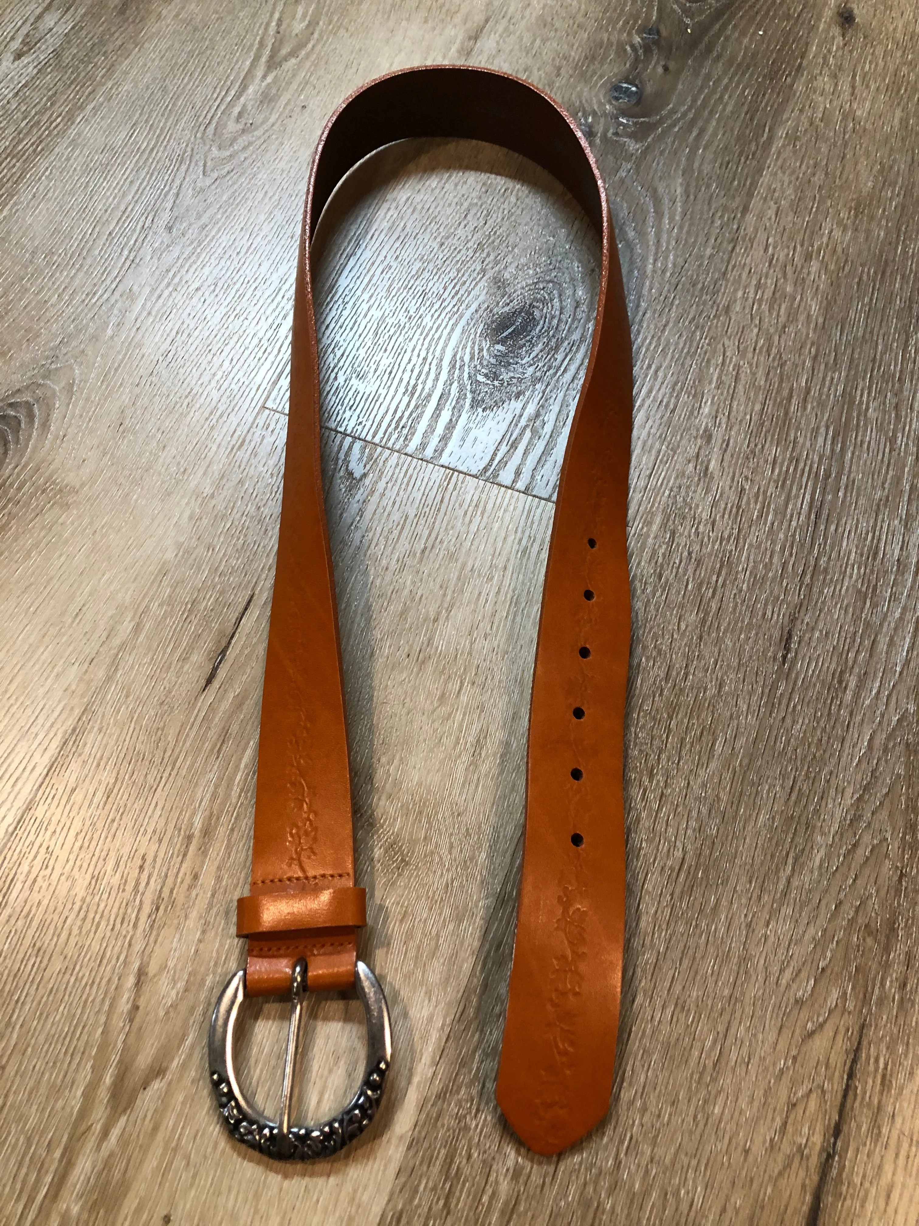 Brown Leather Belt with Floral Tooling, Made in Canada