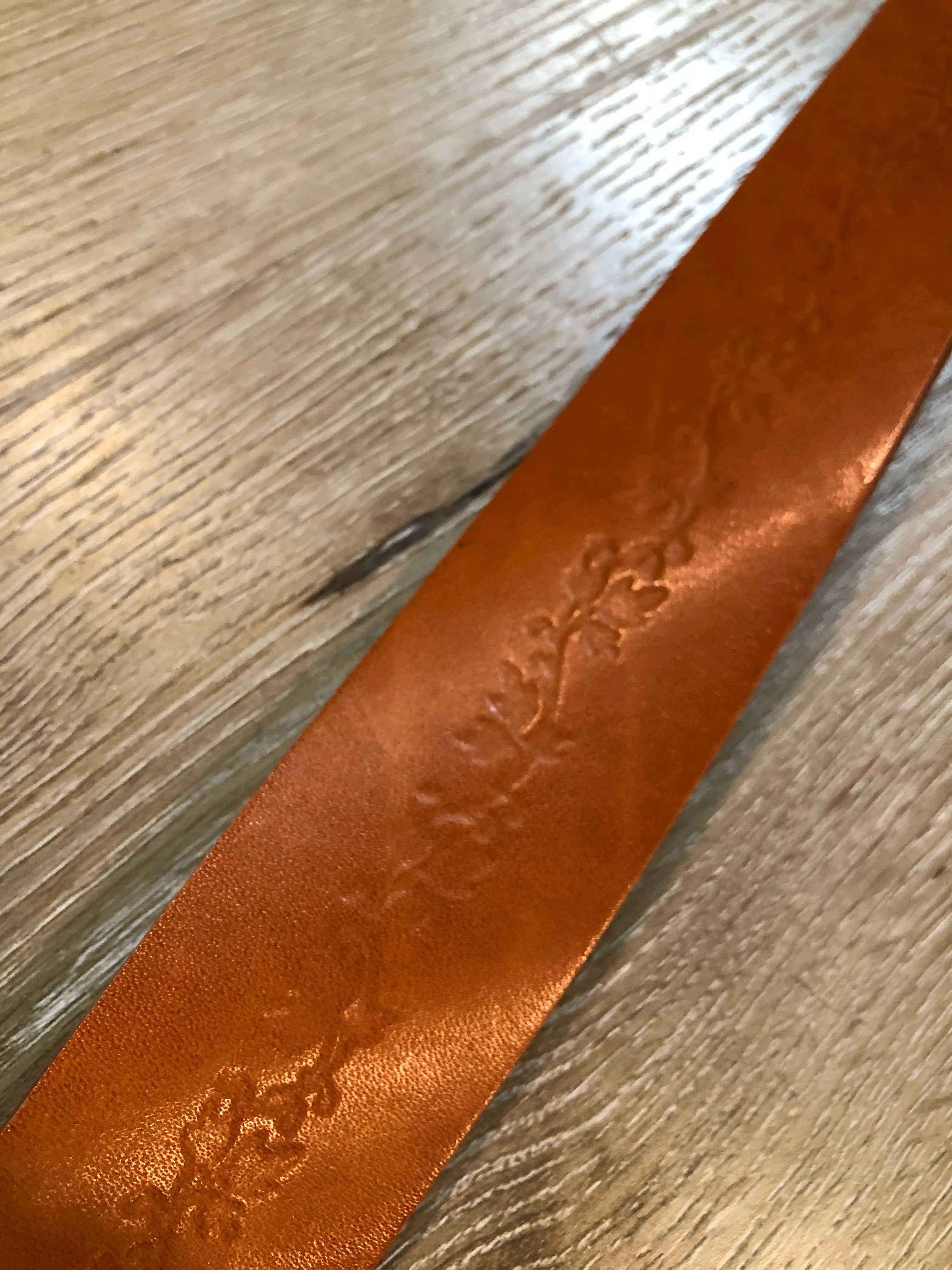 Brown Leather Belt with Floral Tooling, Made in Canada