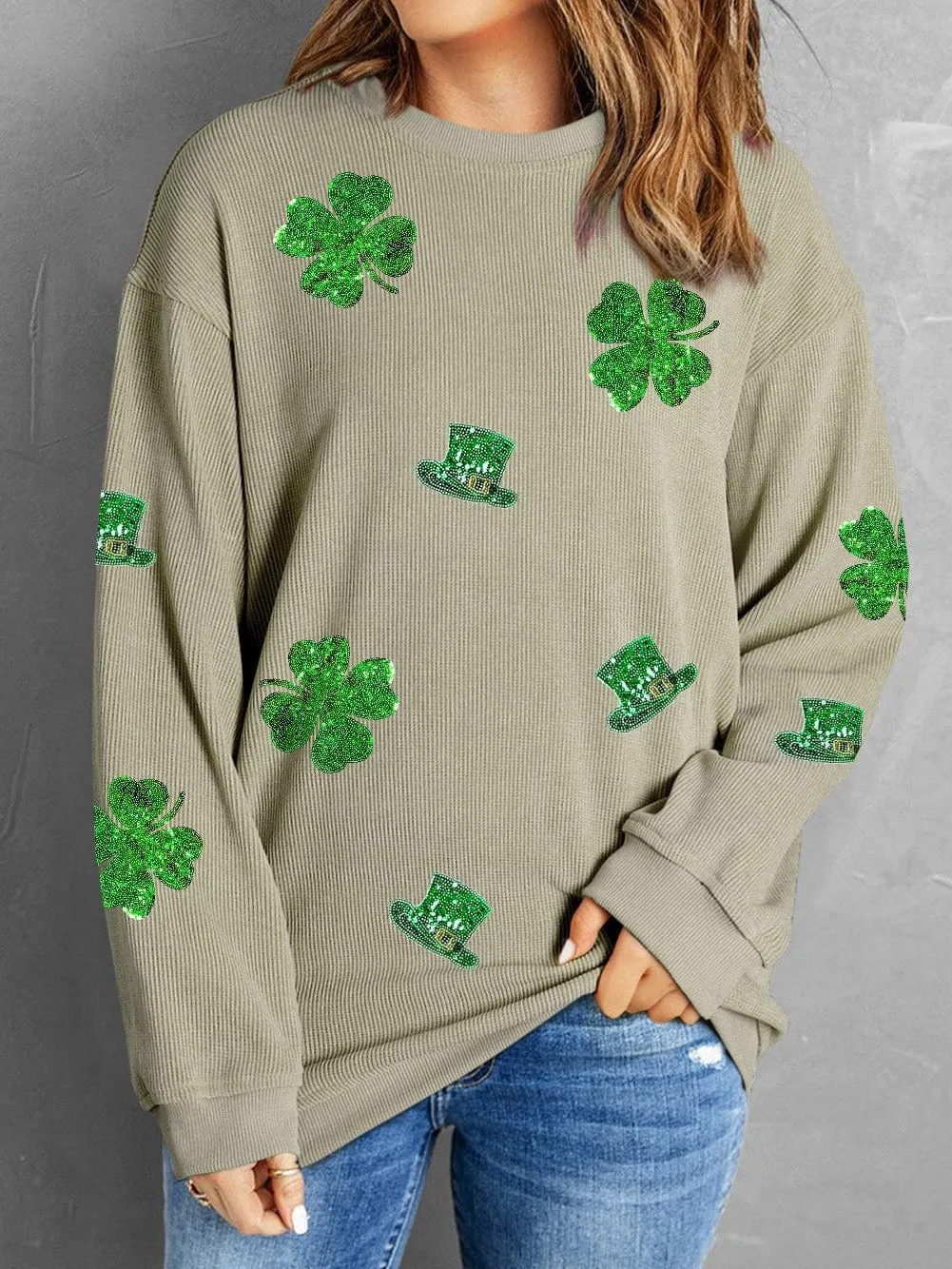 Casual Corduroy Sweatshirt with Clover and Hat Appliques