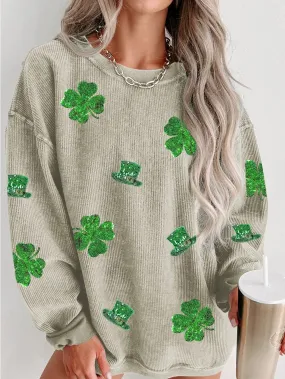 Casual Corduroy Sweatshirt with Clover and Hat Appliques