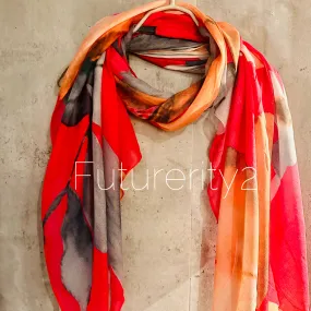 ECO Friendly Scarf Huge Flower Leaf Pink Grey Orange Organic Cotton Scarf