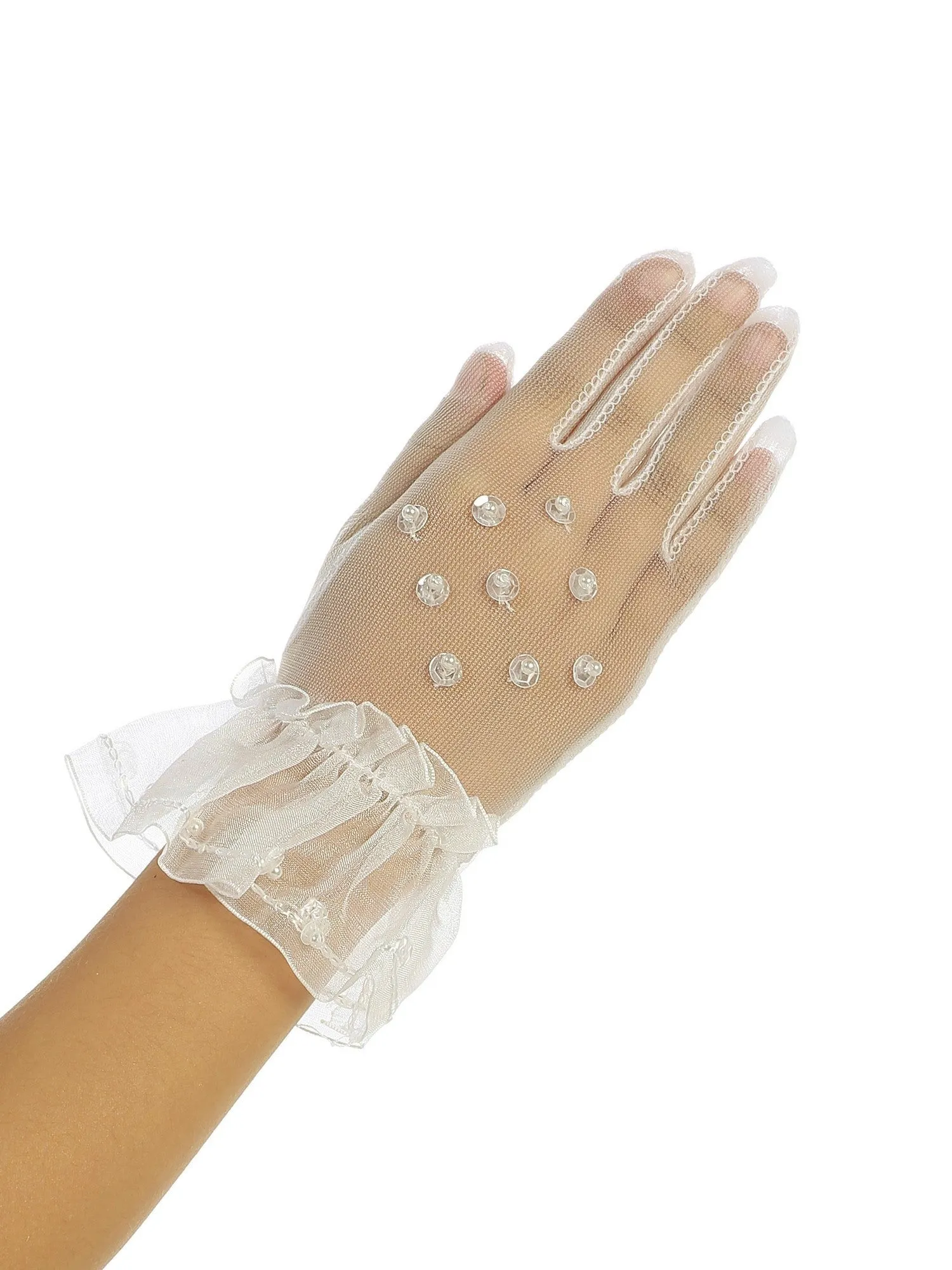 Girls Ivory Beadwork Sheer Special Occasion Communion Flower Girl Gloves 0-14