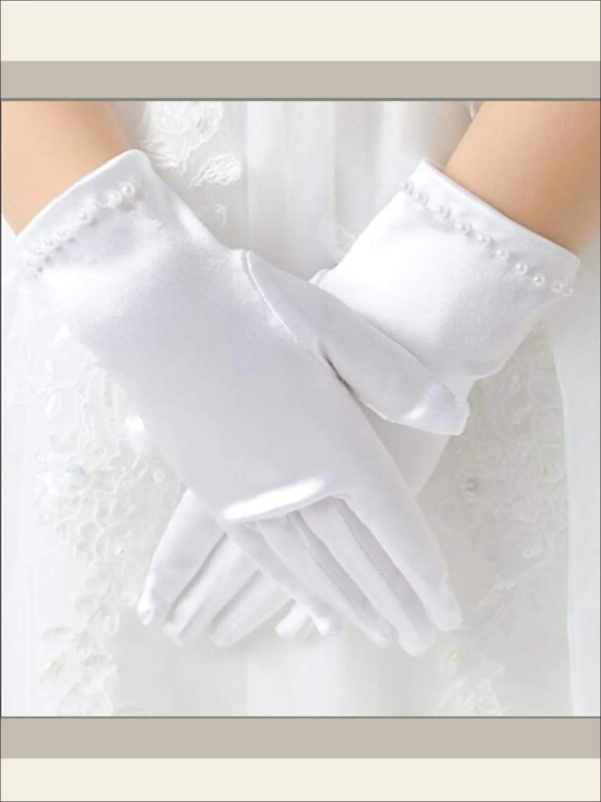 Girls Short White Pearl Gloves