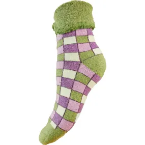 Green Plaid cuff socks with green and cream cream check