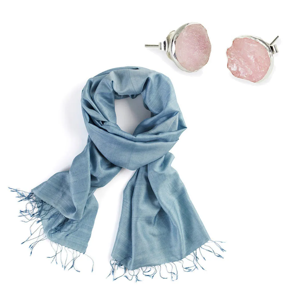 Pale Blue Silk Scarf   Silver Pink Quartz Studs - Afghanistan