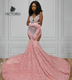 Pink Velvet Sequin Rhinestone Luxury Prom Dress For Black Girls With Gloves African Mermiad Birthday Party Dress