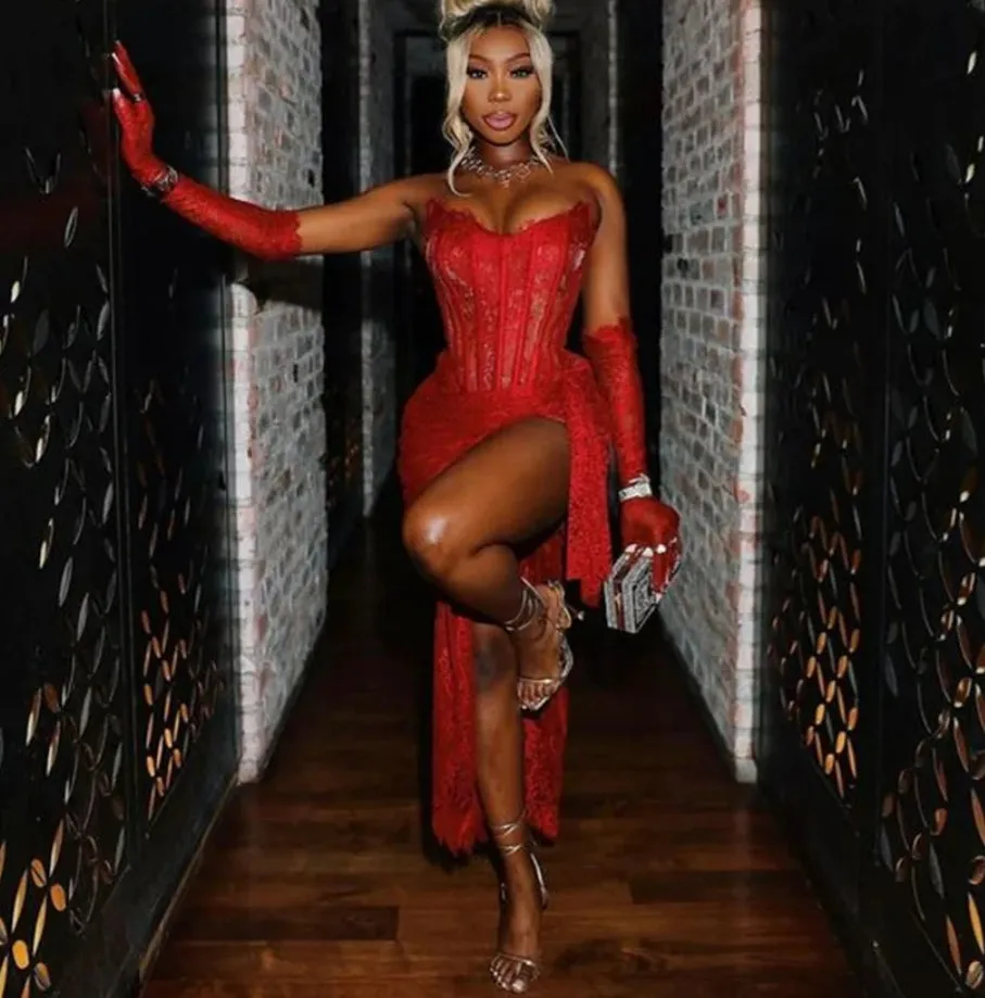 Sexy Red Short Prom Dress For Black Girls Lace Birthday Party Gowns With Gloves Mini Cocktail Homecoming