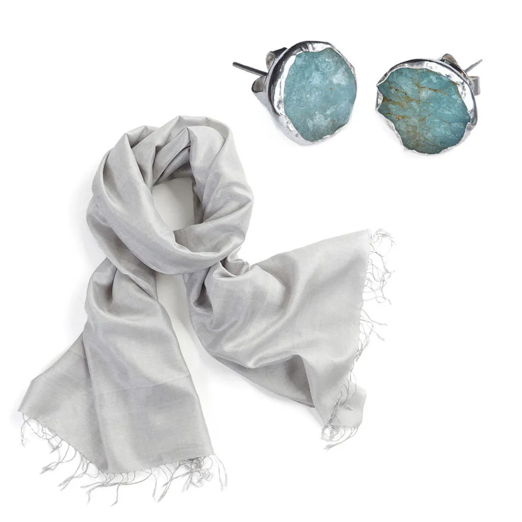 Soft Grey Silk Scarf   Silver Aquamarine Studs - Afghanistan