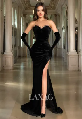 Strapless Beaded Sleek Satin High Slit Mermaid Party Prom Formal Evening Dress with Gloves