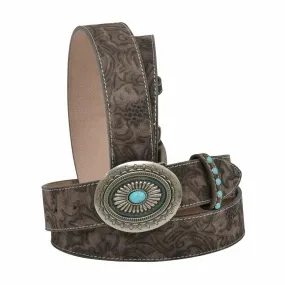 Women's 1 1/2" Belt with Floral Tooling Silver Buckle with Turquoise Accent DA3765