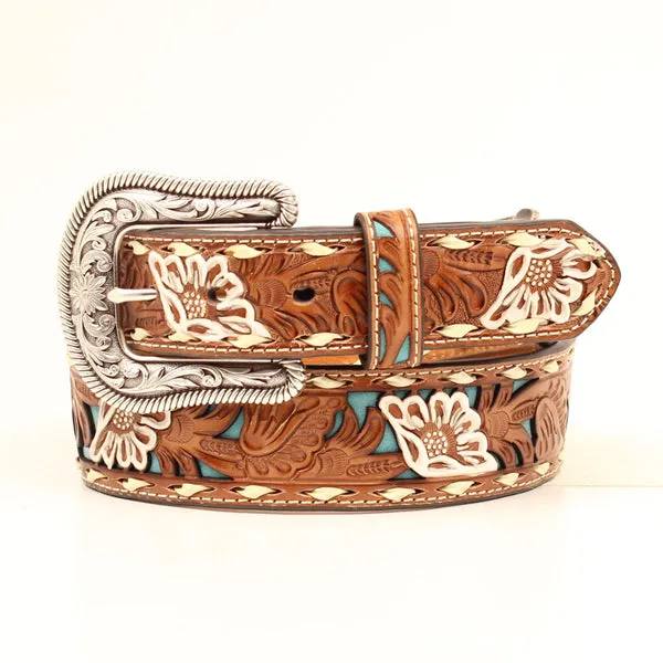 Womens Pierced Floral Overlay Tooled Leather Belt - Brown