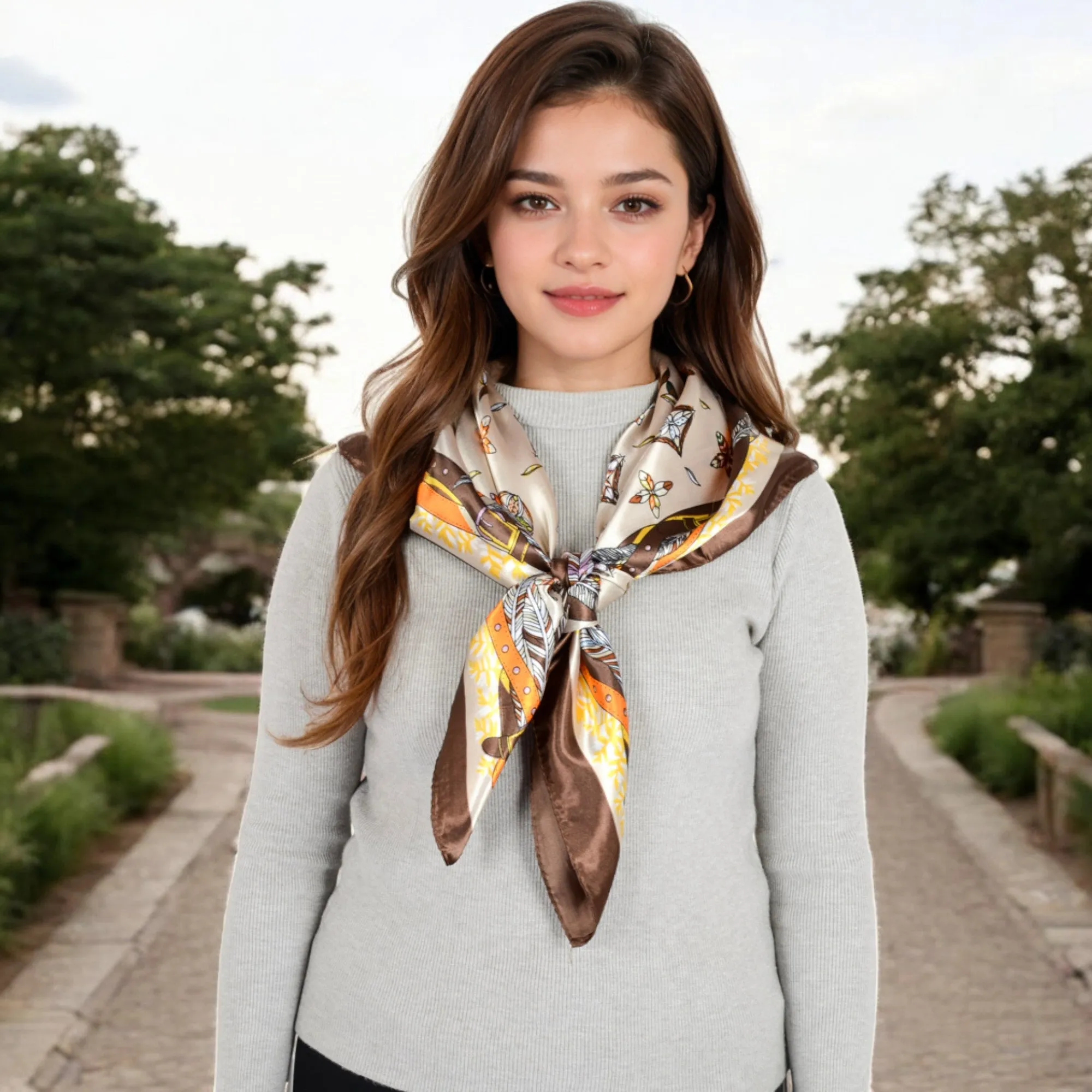 Women's Vintage-Inspired Satin Square Scarves with Vibrant Patterns and Bold Feather and Butterfly Motifs