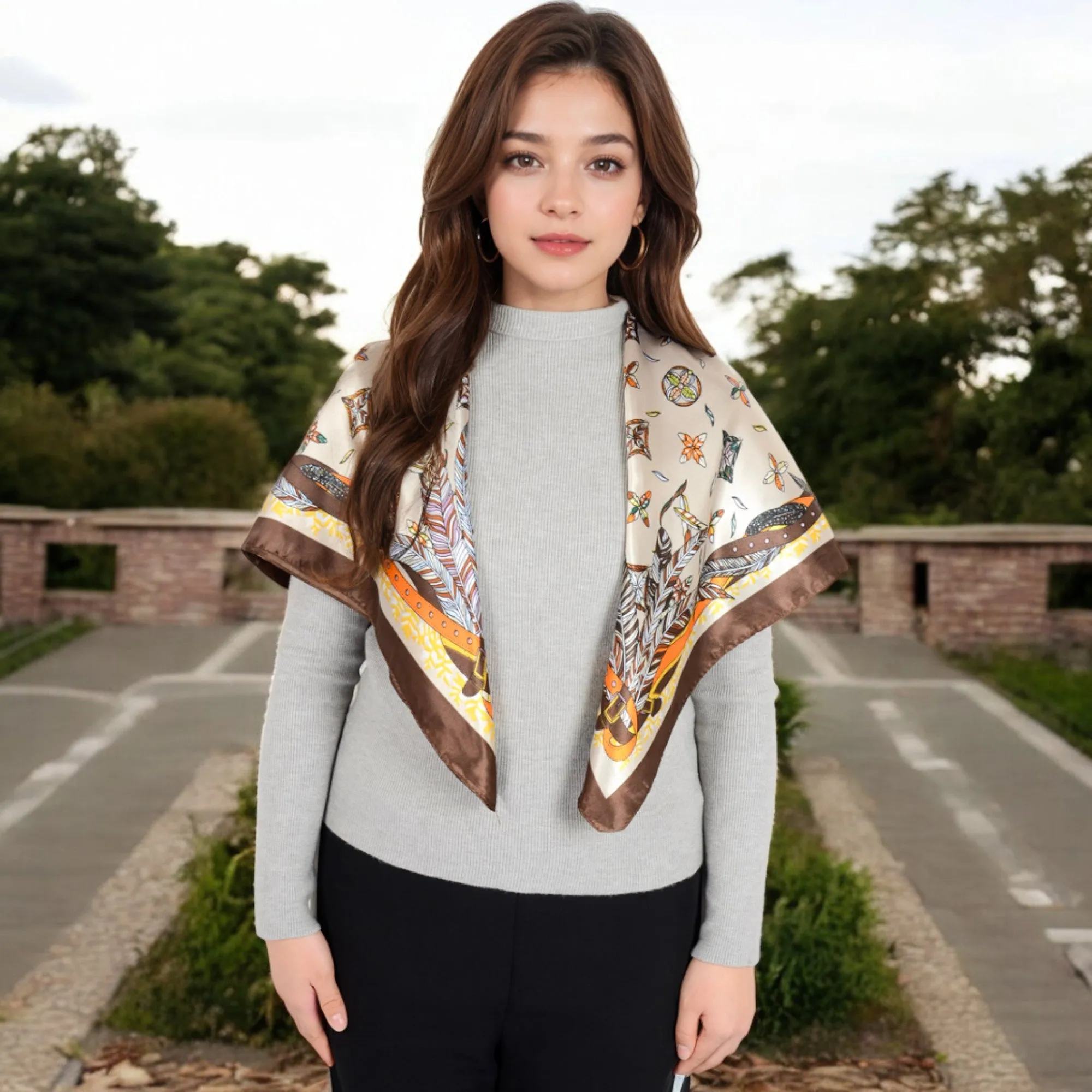 Women's Vintage-Inspired Satin Square Scarves with Vibrant Patterns and Bold Feather and Butterfly Motifs