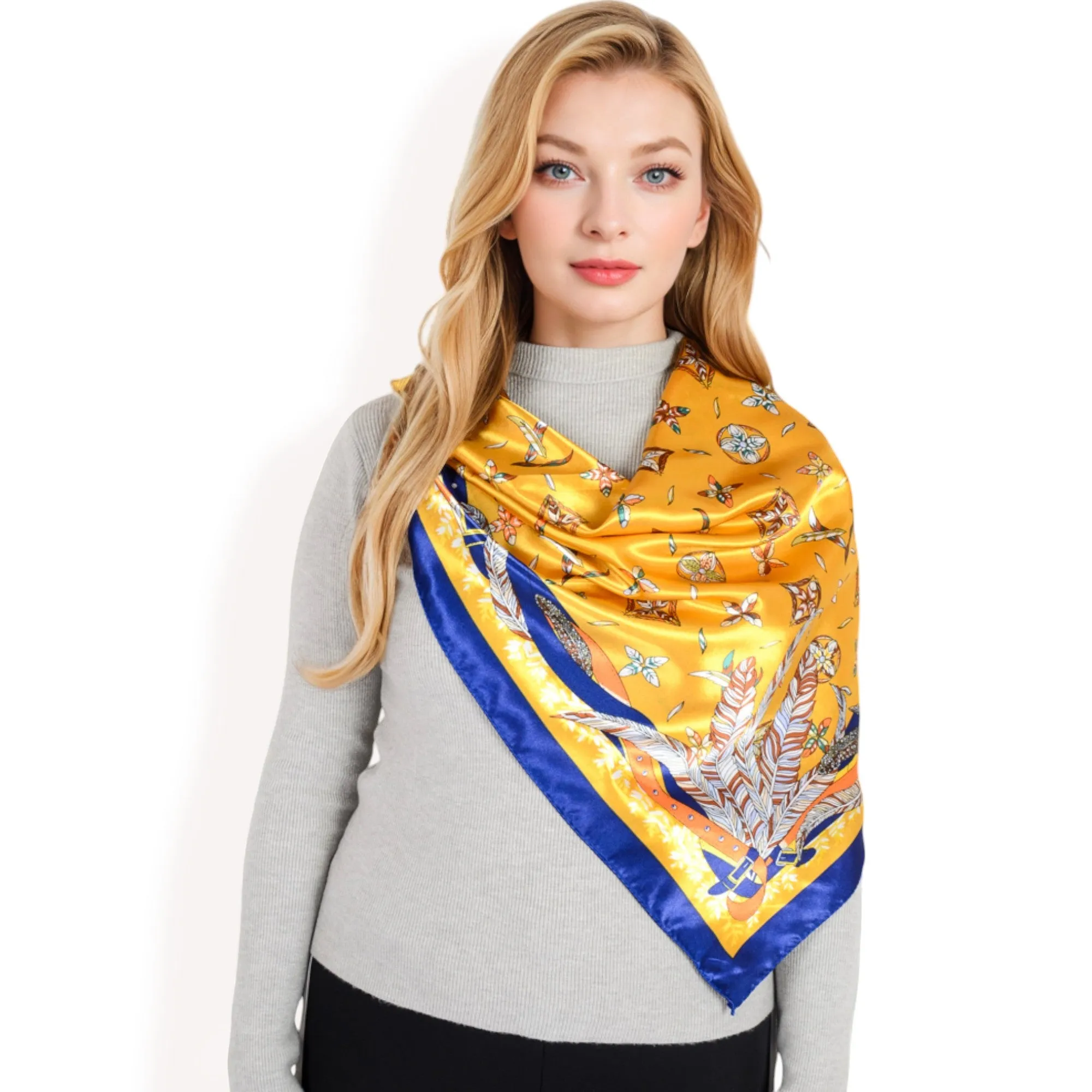 Women's Vintage-Inspired Satin Square Scarves with Vibrant Patterns and Bold Feather and Butterfly Motifs