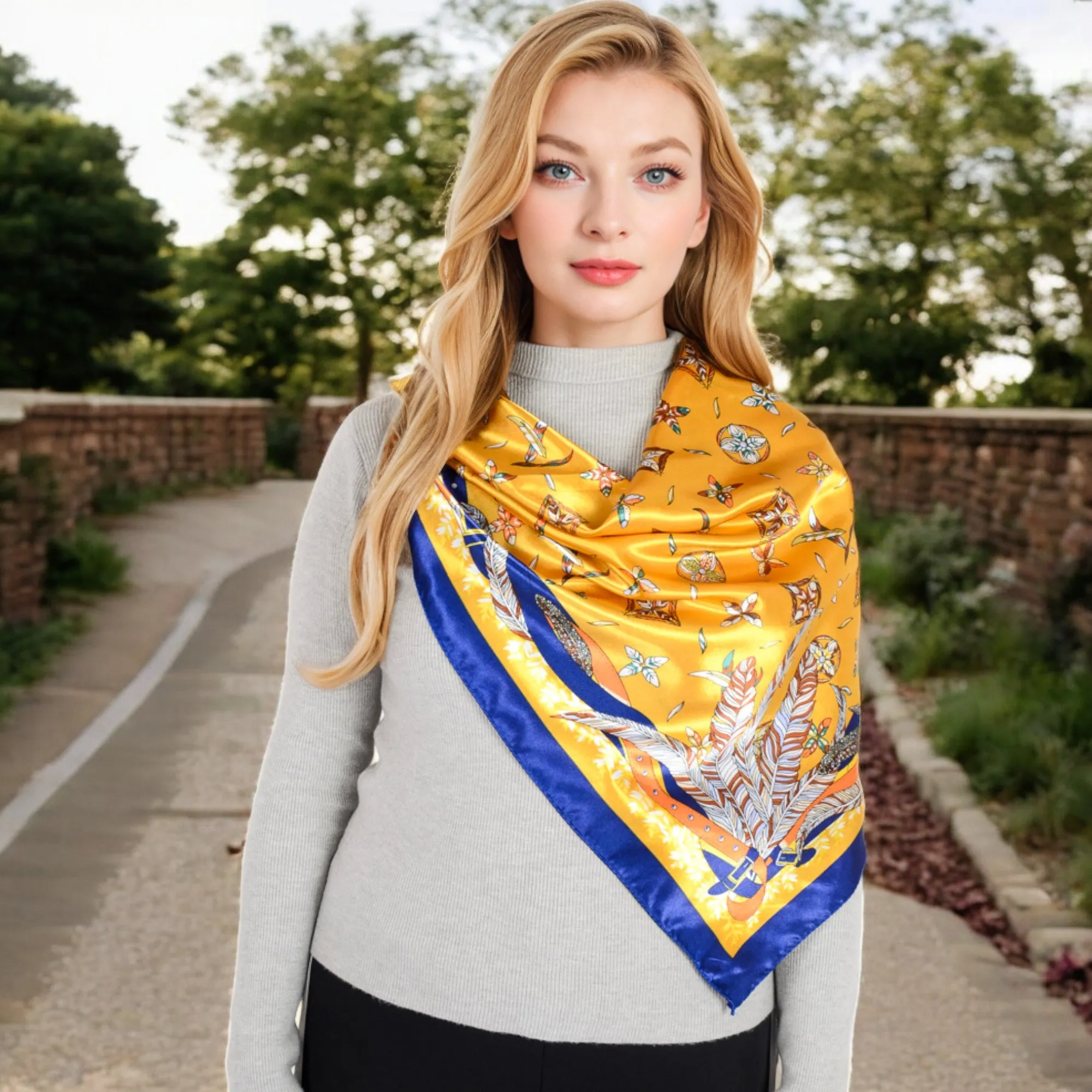 Women's Vintage-Inspired Satin Square Scarves with Vibrant Patterns and Bold Feather and Butterfly Motifs