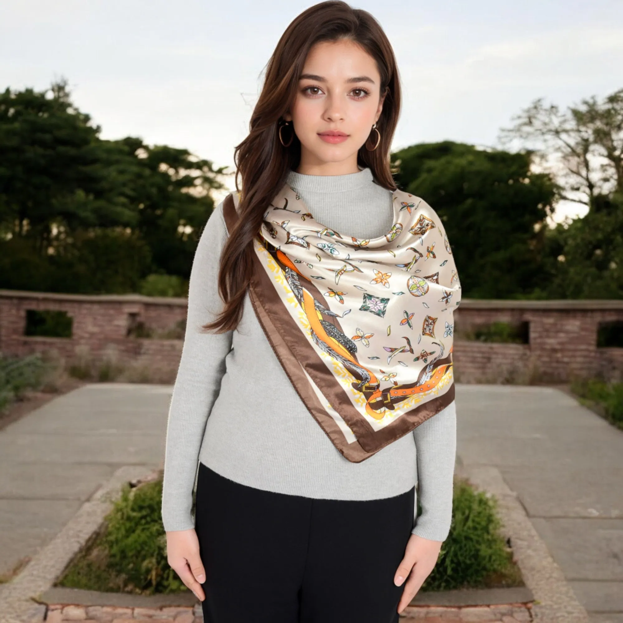 Women's Vintage-Inspired Satin Square Scarves with Vibrant Patterns and Bold Feather and Butterfly Motifs