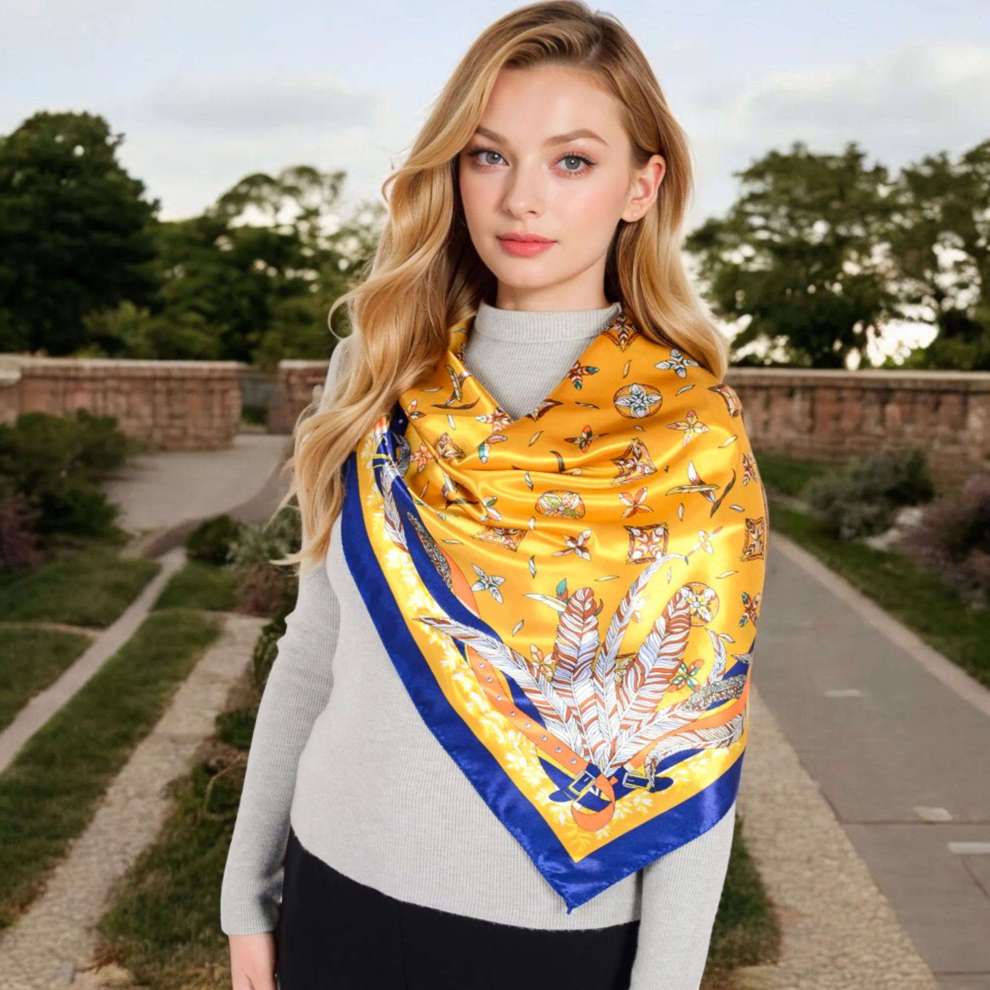 Women's Vintage-Inspired Satin Square Scarves with Vibrant Patterns and Bold Feather and Butterfly Motifs