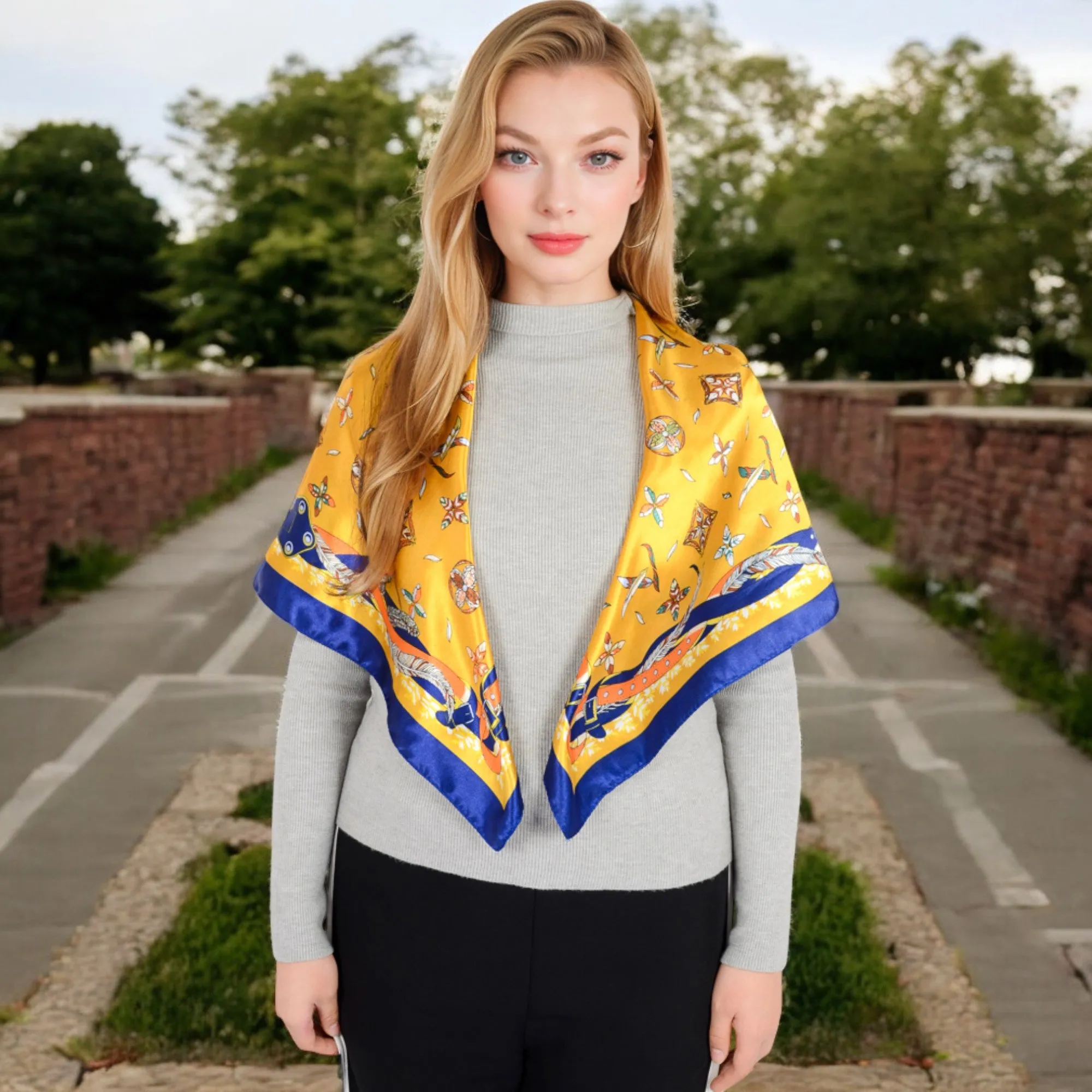 Women's Vintage-Inspired Satin Square Scarves with Vibrant Patterns and Bold Feather and Butterfly Motifs