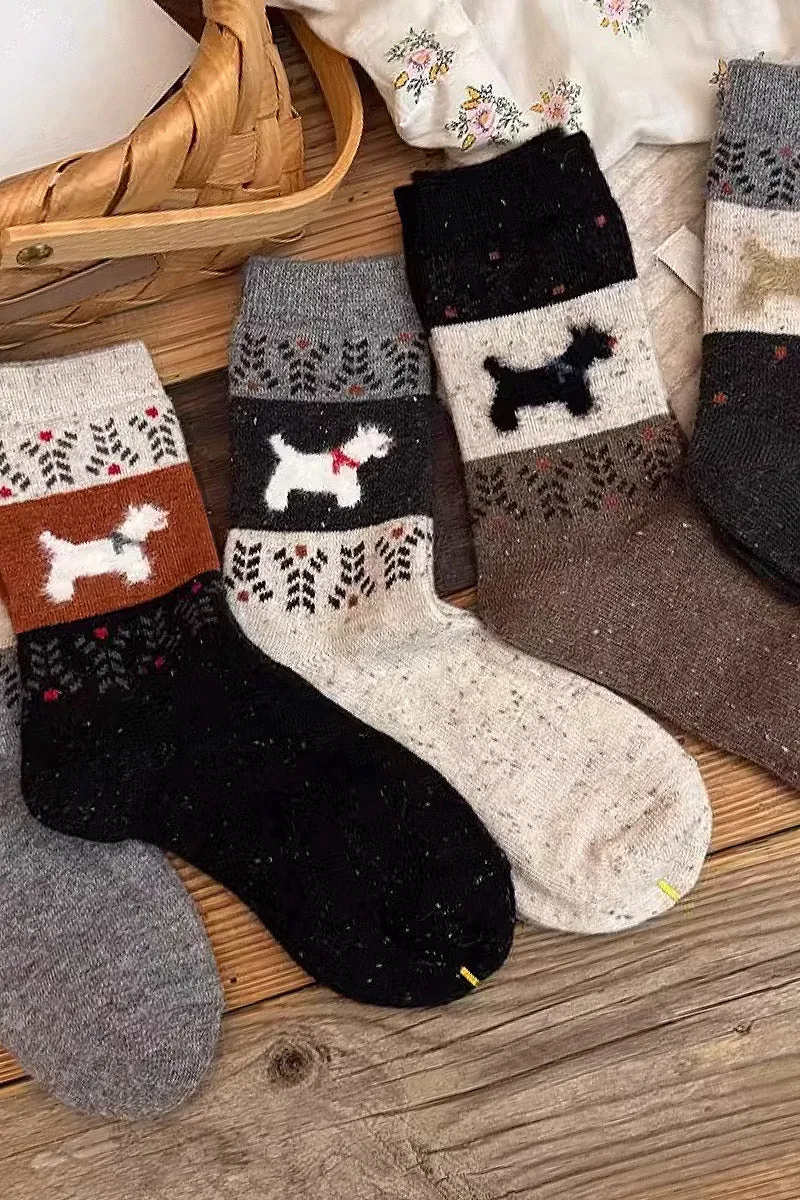 Wool Blend Fair Isle Crew Socks Set with Puppy Pattern_5-Pack